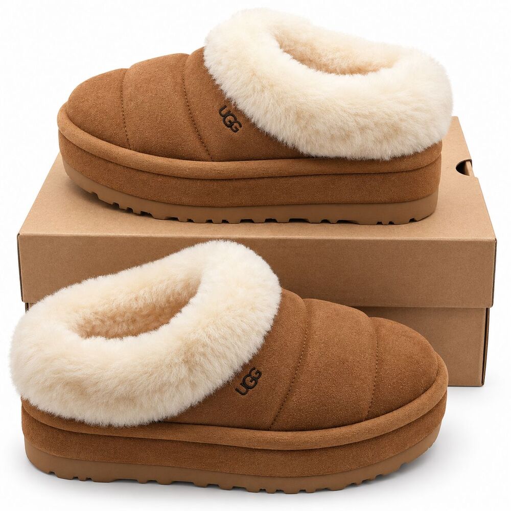 UGG Tazzlita Women's 10 Chestnut Suede Platform Slippers Sheepskin 1146390-CHE